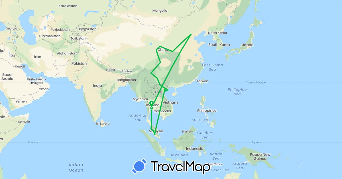 TravelMap itinerary: driving, bus in China, Malaysia, Thailand, Vietnam (Asia)